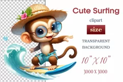 Cute baby monkey surfing in a watercolor cartoon style. Perfect for children's projects and decorations. Find watercolor bear clipart, surfing bear, and kids' cartoon clipart here.