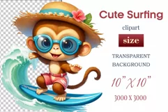 Cute baby monkey surfing in a watercolor cartoon style. Perfect for children's projects and decorations. Find watercolor bear clipart, surfing bear, and kids' cartoon clipart here.