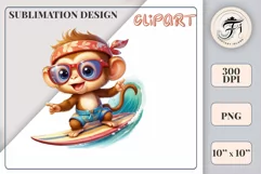 Cute baby monkey surfing in a watercolor cartoon style. Perfect for children's projects and decorations. Find watercolor bear clipart, surfing bear, and kids' cartoon clipart here.