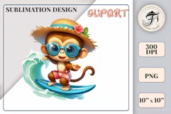 Cute baby monkey surfing in a watercolor cartoon style. Perfect for children's projects and decorations. Find watercolor bear clipart, surfing bear, and kids' cartoon clipart here.