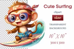 Cute baby monkey surfing in a watercolor cartoon style. Perfect for children's projects and decorations. Find watercolor bear clipart, surfing bear, and kids' cartoon clipart here.
