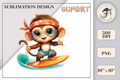 Cute baby monkey surfing in a watercolor cartoon style. Perfect for children's projects and decorations. Find watercolor bear clipart, surfing bear, and kids' cartoon clipart here.