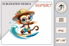 Cute baby monkey surfing in a watercolor cartoon style. Perfect for children's projects and decorations. Find watercolor bear clipart, surfing bear, and kids' cartoon clipart here.