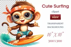 Cute baby monkey surfing in a watercolor cartoon style. Perfect for children's projects and decorations. Find watercolor bear clipart, surfing bear, and kids' cartoon clipart here.