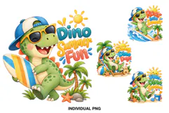 Four colorful summer dinosaur PNG illustrations featuring a green dinosaur with sunglasses, a baseball cap and cheerful beach-themed phrases