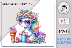 Download this adorable summer unicorn PNG for sublimation! Perfect for T-shirts, mugs, cards, and more. High-quality, pastel colors, and transparent background.