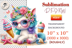 Download this adorable summer unicorn PNG for sublimation! Perfect for T-shirts, mugs, cards, and more. High-quality, pastel colors, and transparent background.