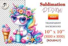 Download this adorable summer unicorn PNG for sublimation! Perfect for T-shirts, mugs, cards, and more. High-quality, pastel colors, and transparent background.