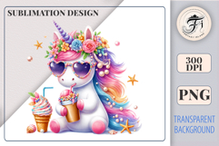 Download this adorable summer unicorn PNG for sublimation! Perfect for T-shirts, mugs, cards, and more. High-quality, pastel colors, and transparent background.