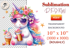 Download this adorable summer unicorn PNG for sublimation! Perfect for T-shirts, mugs, cards, and more. High-quality, pastel colors, and transparent background.