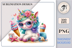 Download this adorable summer unicorn PNG for sublimation! Perfect for T-shirts, mugs, cards, and more. High-quality, pastel colors, and transparent background.