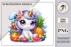Cute pastel unicorn with big eyes sitting among tropical fruits and summer juice, perfect for kids sublimation projects and summer clipart designs.