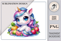 Cute pastel unicorn with big eyes sitting among tropical fruits and summer juice, perfect for kids sublimation projects and summer clipart designs.