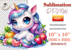 Cute pastel unicorn with big eyes sitting among tropical fruits and summer juice, perfect for kids sublimation projects and summer clipart designs.