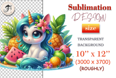 Cute pastel unicorn with big eyes sitting among tropical fruits and summer juice, perfect for kids sublimation projects and summer clipart designs.
