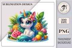 Cute pastel unicorn with big eyes sitting among tropical fruits and summer juice, perfect for kids sublimation projects and summer clipart designs.