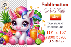 Cute pastel unicorn with big eyes sitting among tropical fruits and summer juice, perfect for kids sublimation projects and summer clipart designs.