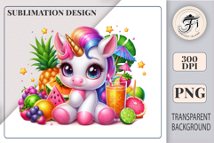 Cute pastel unicorn with big eyes sitting among tropical fruits and summer juice, perfect for kids sublimation projects and summer clipart designs.