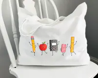 Teacher-themed digital PNG with a cheerful row of watercolor school supplies. Each character has black outlined details, simple smiling features, rosy cheeks and long playful limbs.
