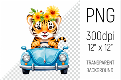 Cute Tiger driving a vintage blue car sublimation design. Ideal for sublimation, scrapbooking, invitations, nursery prints, stickers, and more.