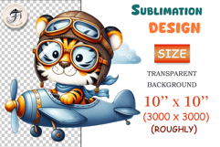 Cute cartoon tiger pilot flying a vintage airplane, watercolor sublimation clipart for kids, nursery decor, stickers, t-shirts, and greeting cards.