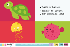 Preview with turtle, jellyfish and puffer fish clipart characters, ocean animals with transparent background.