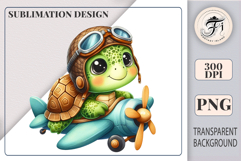 Cute cartoon turtle pilot flying a vintage airplane, watercolor sublimation clipart for kids, nursery decor, stickers, t-shirts, and greeting cards.