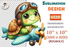 Cute cartoon turtle pilot flying a vintage airplane, watercolor sublimation clipart for kids, nursery decor, stickers, t-shirts, and greeting cards.