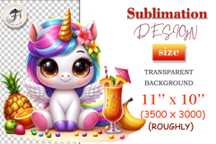Cute baby unicorn with wings relaxing at a sunny beach party — fun and festive summer clipart - perfect for cheerful sublimation designs