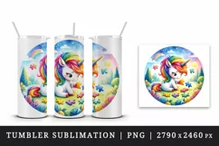 Cute unicorn bright mane solving puzzle in whimsical landscape print 20 oz tumbler skinny mug wrap clipart t-shirt sublimation printable design