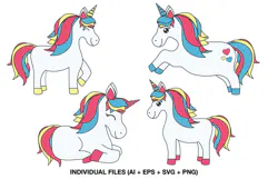 Four cute unicorn clipart illustrations with colorful rainbow manes in different poses for children's card making and paper crafts.
