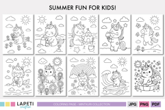 Set of 10 unicorn summer coloring pages for kids featuring beach, ice cream, rainbow and surfing scenes.
