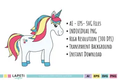 Playful white unicorn jumping with a rainbow mane, pink hooves and striped horn, illustrated for children's scrapbooking.
