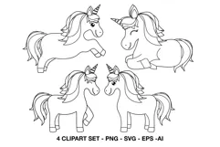 Four cute unicorn line art clipart illustrations in different poses