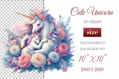 Beautiful clipart featuring a gentle unicorn mom embracing her baby amidst bright flowers. Ideal for Mother's Day, Birthdays, digital designs, sublimation projects, scrapbooking, cards, and journals