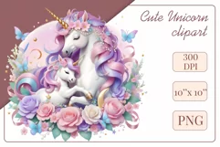 Beautiful clipart featuring a gentle unicorn mom embracing her baby amidst bright flowers. Ideal for Mother's Day, Birthdays, digital designs, sublimation projects, scrapbooking, cards, and journals