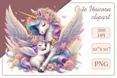 Beautiful clipart featuring a gentle unicorn mom embracing her baby amidst bright flowers. Ideal for Mother's Day, Birthdays, digital designs, sublimation projects, scrapbooking, cards, and journals