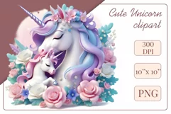 Beautiful clipart featuring a gentle unicorn mom embracing her baby amidst bright flowers. Ideal for Mother's Day, Birthdays, digital designs, sublimation projects, scrapbooking, cards, and journals