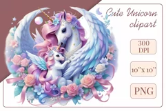 Beautiful clipart featuring a gentle unicorn mom embracing her baby amidst bright flowers. Ideal for Mother's Day, Birthdays, digital designs, sublimation projects, scrapbooking, cards, and journals