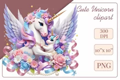 Beautiful clipart featuring a gentle unicorn mom embracing her baby amidst bright flowers. Ideal for Mother's Day, Birthdays, digital designs, sublimation projects, scrapbooking, cards, and journals