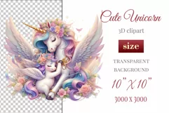 Beautiful clipart featuring a gentle unicorn mom embracing her baby amidst bright flowers. Ideal for Mother's Day, Birthdays, digital designs, sublimation projects, scrapbooking, cards, and journals