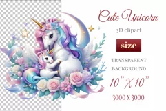 Beautiful clipart featuring a gentle unicorn mom embracing her baby amidst bright flowers. Ideal for Mother's Day, Birthdays, digital designs, sublimation projects, scrapbooking, cards, and journals