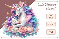 Beautiful clipart featuring a gentle unicorn mom embracing her baby amidst bright flowers. Ideal for Mother's Day, Birthdays, digital designs, sublimation projects, scrapbooking, cards, and journals