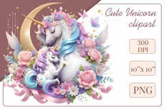 Beautiful clipart featuring a gentle unicorn mom embracing her baby amidst bright flowers. Ideal for Mother's Day, Birthdays, digital designs, sublimation projects, scrapbooking, cards, and journals