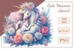 Beautiful clipart featuring a gentle unicorn mom embracing her baby amidst bright flowers. Ideal for Mother's Day, Birthdays, digital designs, sublimation projects, scrapbooking, cards, and journals