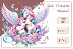 Beautiful clipart featuring a gentle unicorn mom embracing her baby amidst bright flowers. Ideal for Mother's Day, Birthdays, digital designs, sublimation projects, scrapbooking, cards, and journals