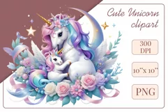 Beautiful clipart featuring a gentle unicorn mom embracing her baby amidst bright flowers. Ideal for Mother's Day, Birthdays, digital designs, sublimation projects, scrapbooking, cards, and journals