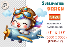Cute cartoon unicorn pilot with rainbow mane flying a vintage airplane, watercolor sublimation clipart for kids, nursery decor, stickers, t-shirts, and greeting cards.