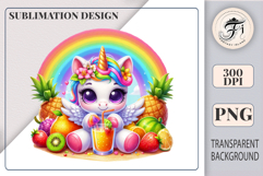 Cartoon unicorn with angel wings and rainbow hair enjoying a fruity summer drink on a beach, with palm trees, clouds, and a colorful rainbow behind. Great for kids, parties, and printable crafts.