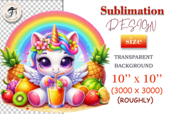 Cartoon unicorn with angel wings and rainbow hair enjoying a fruity summer drink on a beach, with palm trees, clouds, and a colorful rainbow behind. Great for kids, parties, and printable crafts.